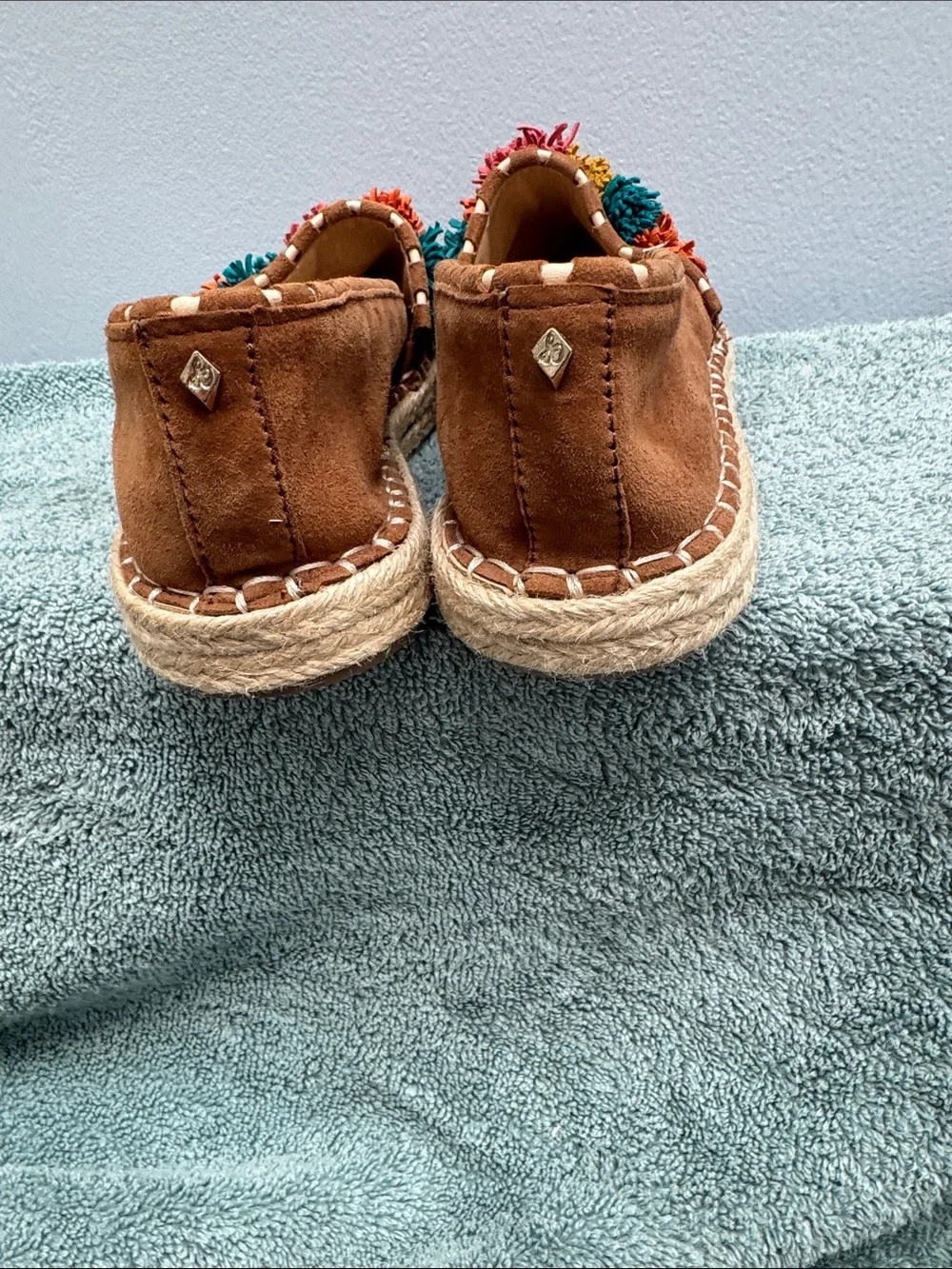 Sam Edelman Tan Suede Espadrille Loafers with Multicolor Pom Poms
